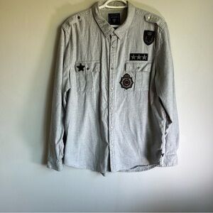 GUESS Men's XL Military Utility Patch Button Down Flannel Shirt Gray